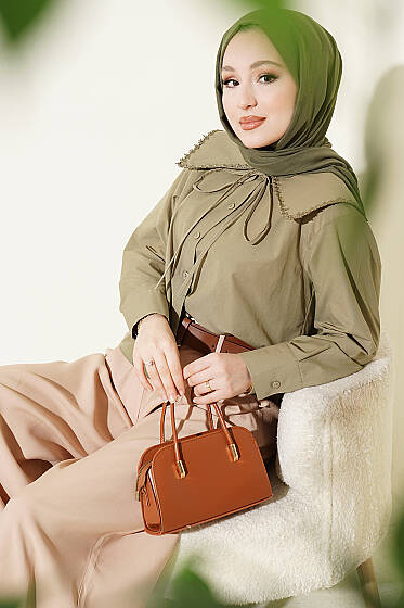 Çiçek Güpürlü Önlük Yaka Kısa Gömlek Çağla Yeşili - Gömlek