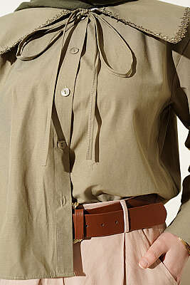 Çiçek Güpürlü Önlük Yaka Kısa Gömlek Çağla Yeşili - Gömlek