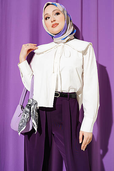 Çiçek Güpürlü Önlük Yaka Kısa Gömlek Ekru - Gömlek