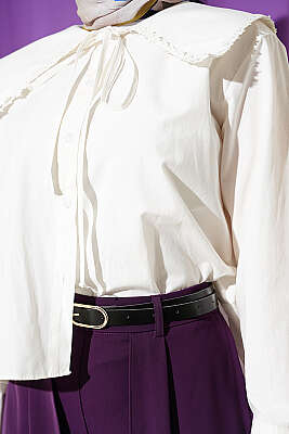 Çiçek Güpürlü Önlük Yaka Kısa Gömlek Ekru - Gömlek