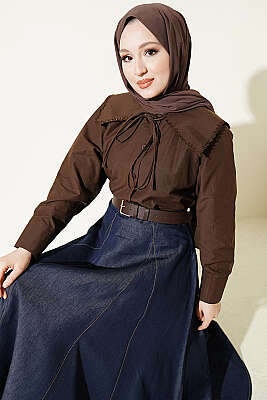 Çiçek Güpürlü Önlük Yaka Kısa Gömlek Kahve - VAV TEKSTİL