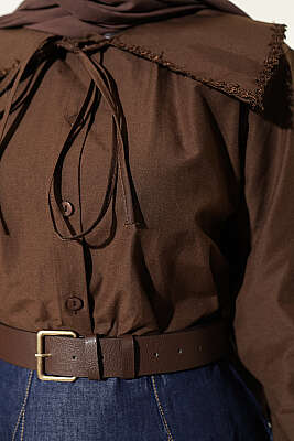 Çiçek Güpürlü Önlük Yaka Kısa Gömlek Kahve - Gömlek