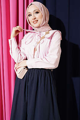 Çiçek Güpürlü Önlük Yaka Kısa Gömlek Pembe - VAV TEKSTİL