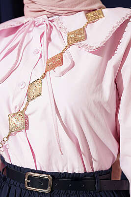 Çiçek Güpürlü Önlük Yaka Kısa Gömlek Pembe - Gömlek