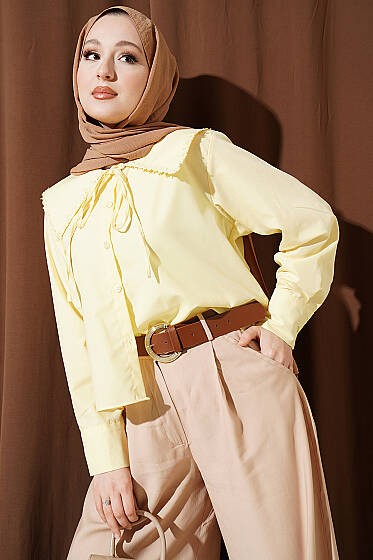 Çiçek Güpürlü Önlük Yaka Kısa Gömlek Sarı - Gömlek