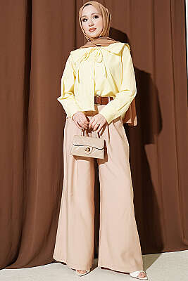 Çiçek Güpürlü Önlük Yaka Kısa Gömlek Sarı - Gömlek