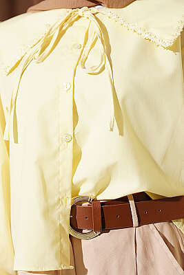 Çiçek Güpürlü Önlük Yaka Kısa Gömlek Sarı - Gömlek