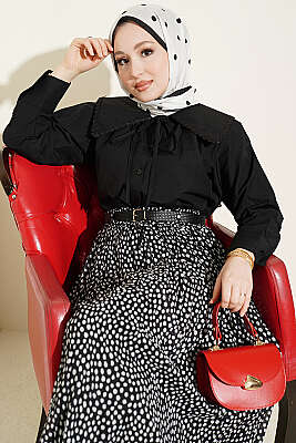 Çiçek Güpürlü Önlük Yaka Kısa Gömlek Siyah - VAV TEKSTİL