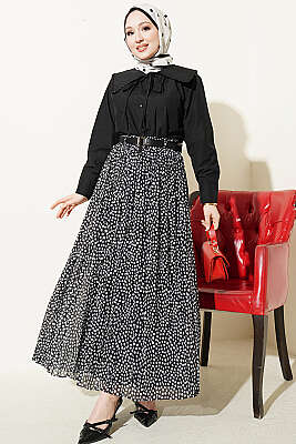 Çiçek Güpürlü Önlük Yaka Kısa Gömlek Siyah - Gömlek