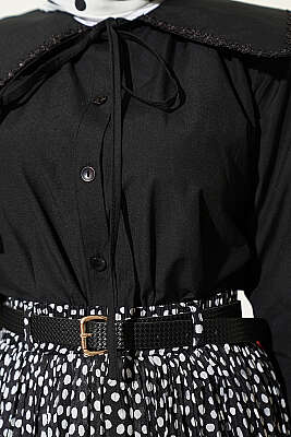 Çiçek Güpürlü Önlük Yaka Kısa Gömlek Siyah - Gömlek