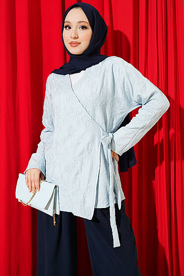 Çiçek İşlemeli Bağlamalı Kimono Bebe Mavi - Dış Giyim&Mont