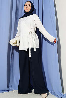 Çiçek İşlemeli Bağlamalı Kimono Beyaz - Dış Giyim&Mont