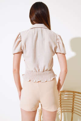 Çiçek İşlemeli Gipeli Bluz Bej - Yeni Giyim