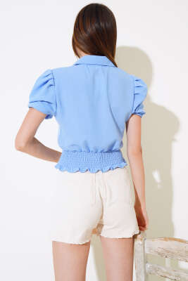 Çiçek İşlemeli Gipeli Bluz Mavi - Yeni Giyim