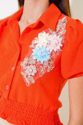 Çiçek İşlemeli Gipeli Bluz Oranj - Yeni Giyim
