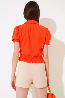 Çiçek İşlemeli Gipeli Bluz Oranj - Yeni Giyim