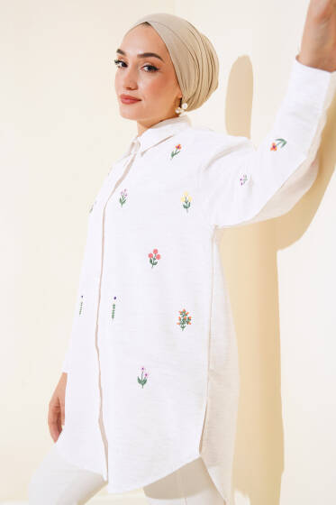 Çiçek İşlemeli Keten Gömlek Bej - Gömlek