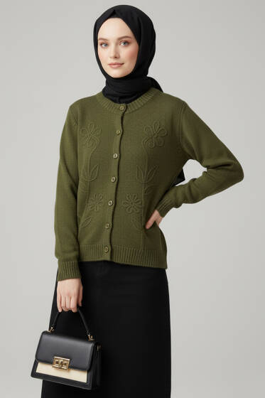 Çiçek İşlemeli Kısa Triko Hırka Haki - Hırka