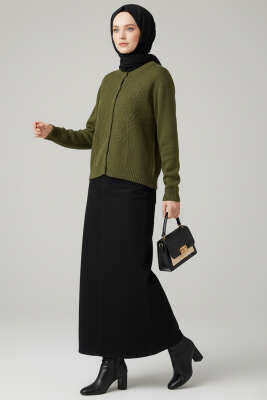 Çiçek İşlemeli Kısa Triko Hırka Haki - Hırka