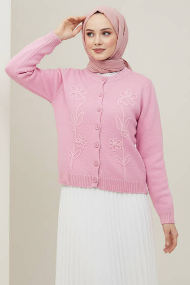 Çiçek İşlemeli Kısa Triko Hırka Pembe - Hırka