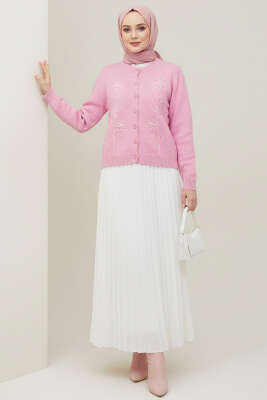 Çiçek İşlemeli Kısa Triko Hırka Pembe - Hırka