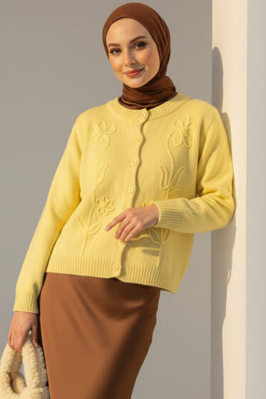 Çiçek İşlemeli Kısa Triko Hırka Sarı - Hırka