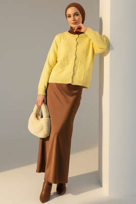 Çiçek İşlemeli Kısa Triko Hırka Sarı - Hırka