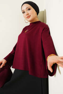 Çiçek İşlemeli Loyşa Bluz Bordo - SAS
