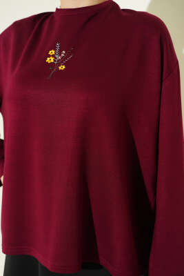 Çiçek İşlemeli Loyşa Bluz Bordo - Bluz