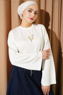 Çiçek İşlemeli Loyşa Bluz Ekru - Bluz