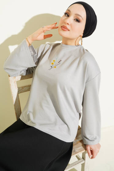 Çiçek İşlemeli Loyşa Bluz Gri - Bluz