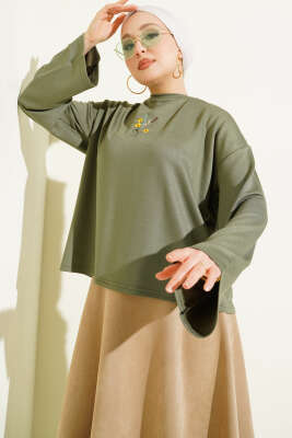 Çiçek İşlemeli Loyşa Bluz Haki - SAS