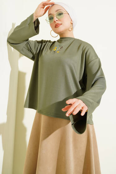 Çiçek İşlemeli Loyşa Bluz Haki - Bluz