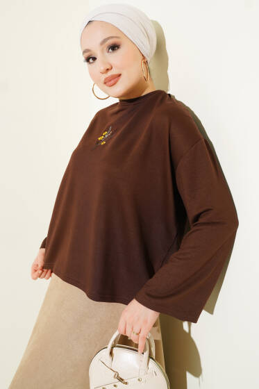 Çiçek İşlemeli Loyşa Bluz Kahve - Bluz