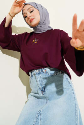 Çiçek İşlemeli Loyşa Bluz Mürdüm - SAS