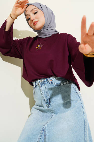 Çiçek İşlemeli Loyşa Bluz Mürdüm - Bluz