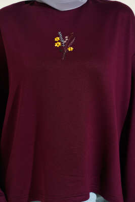 Çiçek İşlemeli Loyşa Bluz Mürdüm - Bluz