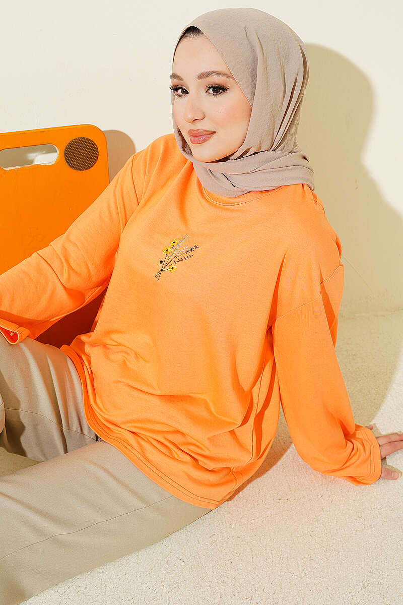 Çiçek İşlemeli Loyşa Bluz Oranj