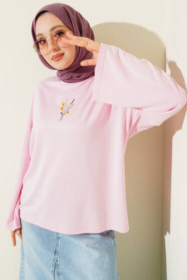 Çiçek İşlemeli Loyşa Bluz Pembe - 100-300 TL Ürünler