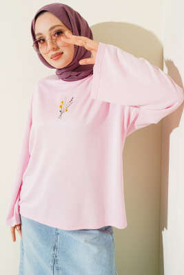 Çiçek İşlemeli Loyşa Bluz Pembe - SAS