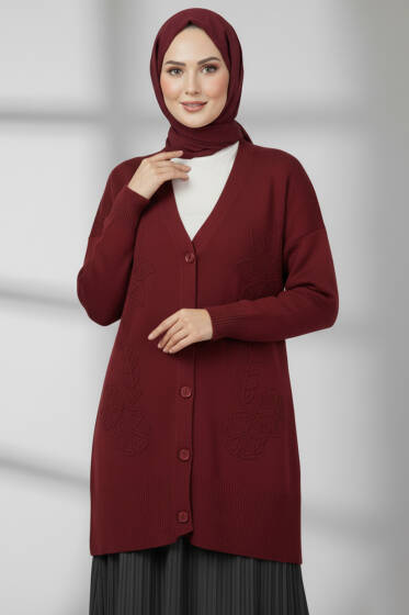 Çiçek İşlemeli Triko Hırka Bordo - Hırka
