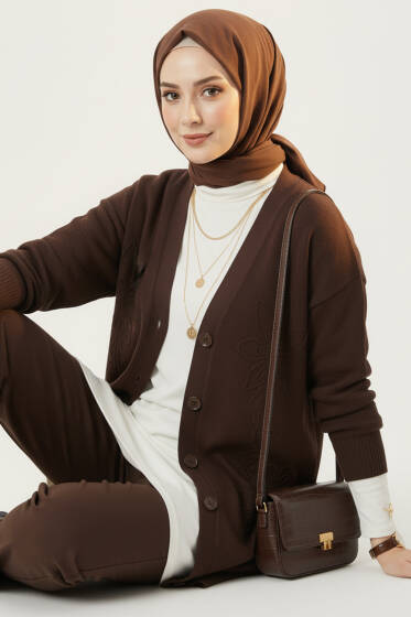 Çiçek İşlemeli Triko Hırka Kahve - Hırka