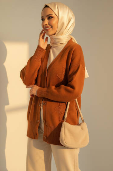 Çiçek İşlemeli Triko Hırka Kiremit - Hırka