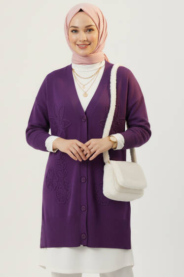 Çiçek İşlemeli Triko Hırka Mor - Hırka