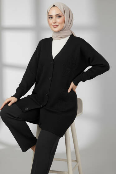 Çiçek İşlemeli Triko Hırka Siyah - Hırka