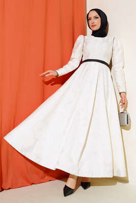 Çiçek Kabartma Desenli Elbise Ekru - NAGE