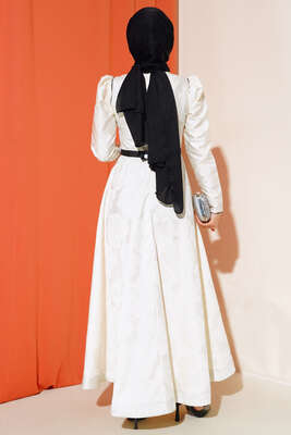 Çiçek Kabartma Desenli Elbise Ekru - Tesettür Elbise