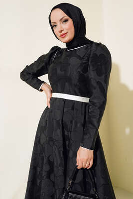 Çiçek Kabartma Desenli Elbise Siyah - Tesettür Elbise