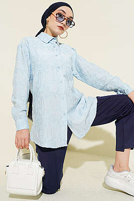 Çiçek Kabartmalı Basic Gömlek Bebe Mavi - BERAT TEKSTİL