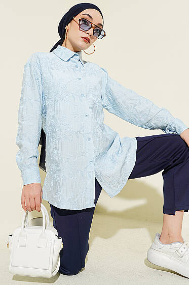 Çiçek Kabartmalı Basic Gömlek Bebe Mavi - Gömlek